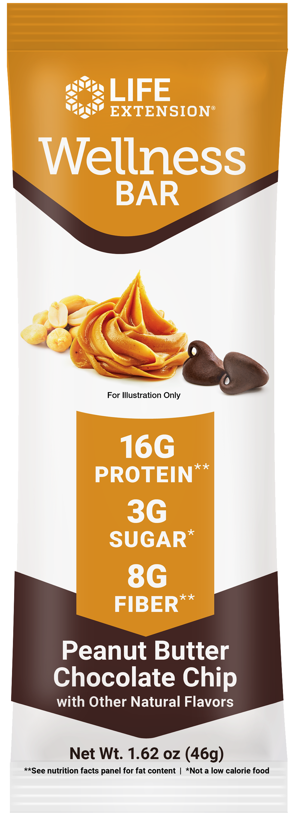 Wellness Bar Peanut Butter Chocolate Chip, workout meal or healthy snack with 16 g protein, 8 g fiber & only 3 g sugar